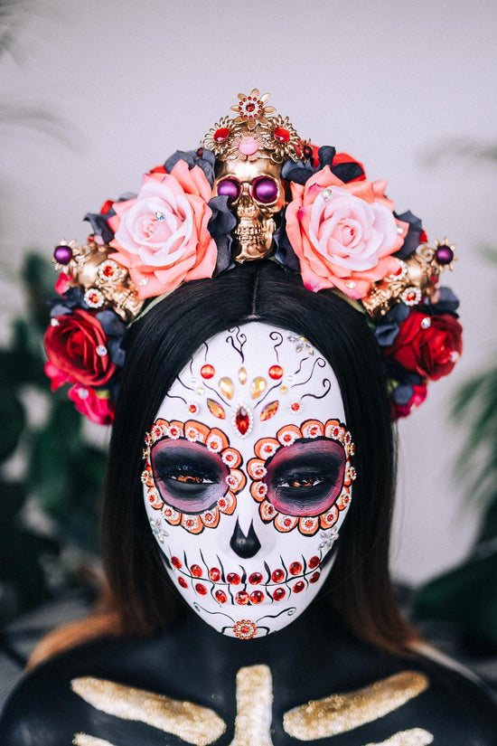 Pink flower crown, Gold halo crown, La Catrina crown, Halloween headband, Halloween costume, Halloween headpiece, Flower headpiece