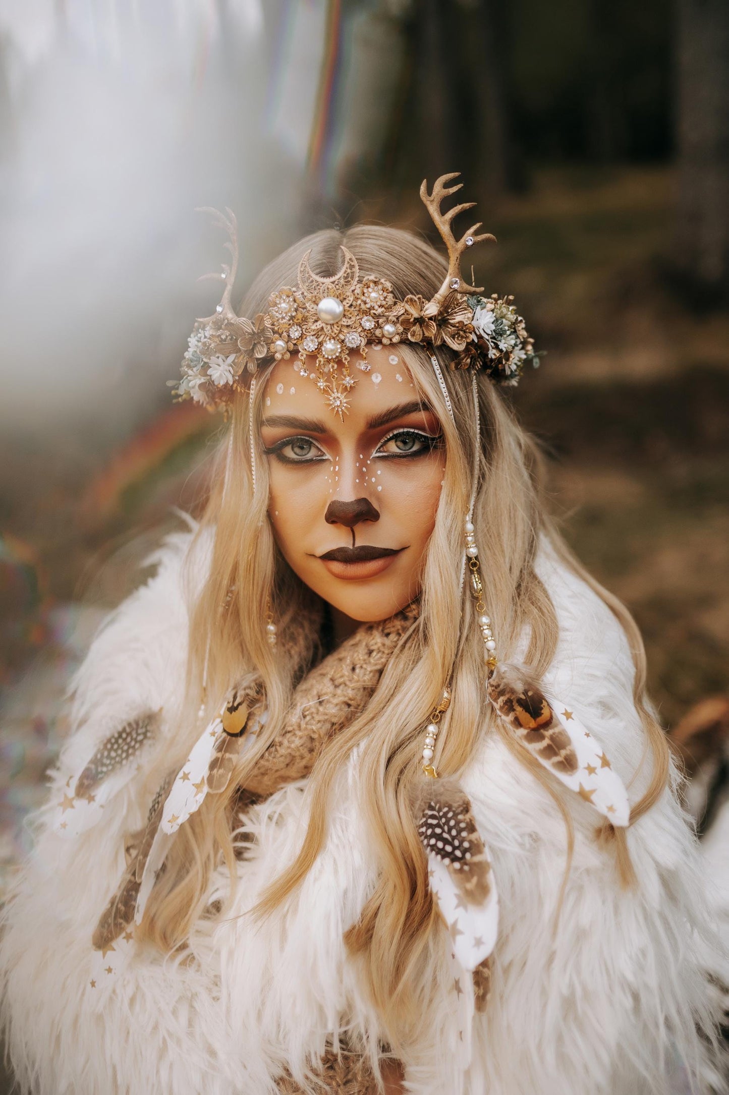 Deer flower crown with feathers, Flower crown with antlers, Gold boho crown, Deer costume Halloween, Reindeer crown, Fairy crown, Elf tiara