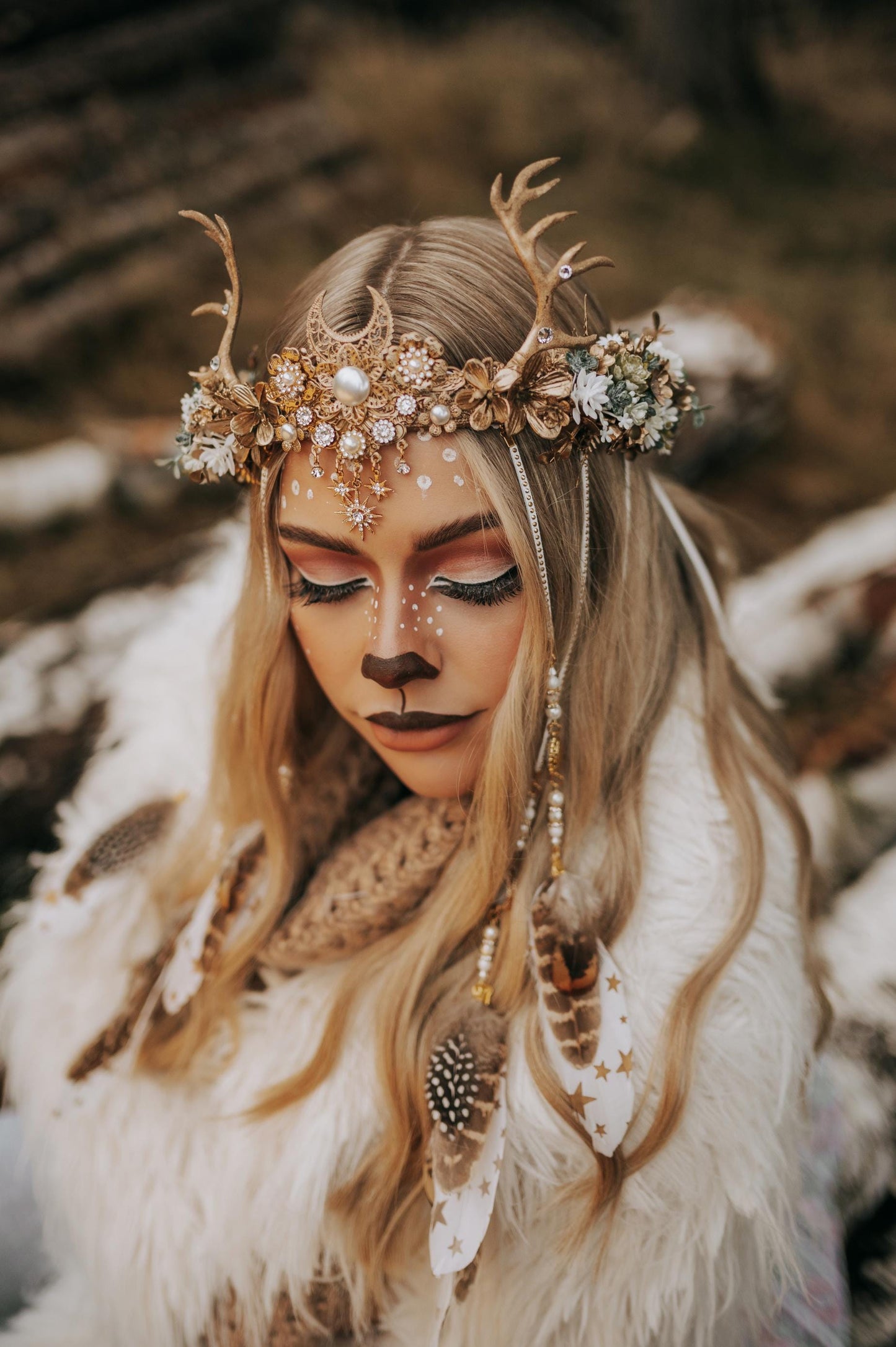 Deer flower crown with feathers, Flower crown with antlers, Gold boho crown, Deer costume Halloween, Reindeer crown, Fairy crown, Elf tiara