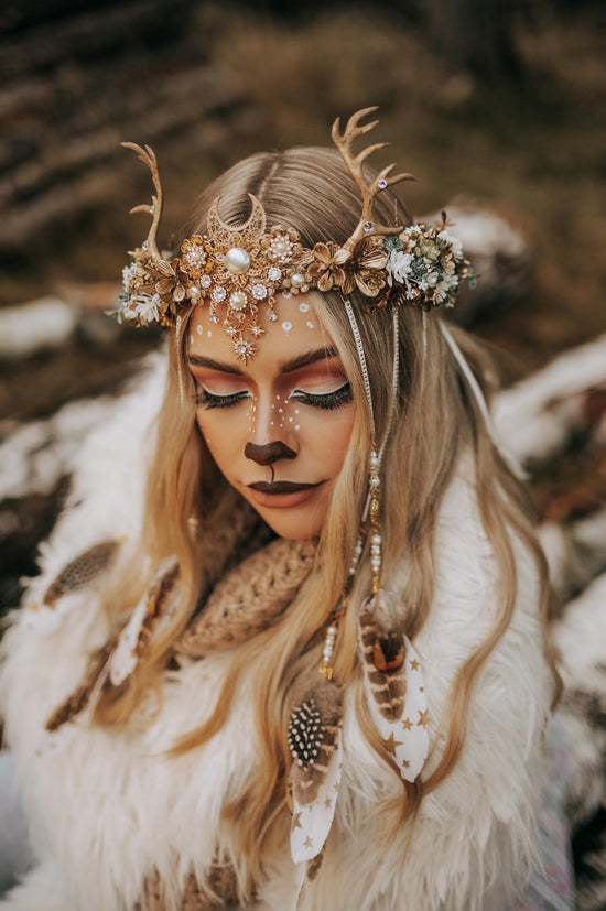 Deer flower crown with feathers, Flower crown with antlers, Gold boho crown, Deer costume Halloween, Reindeer crown, Fairy crown, Elf tiara