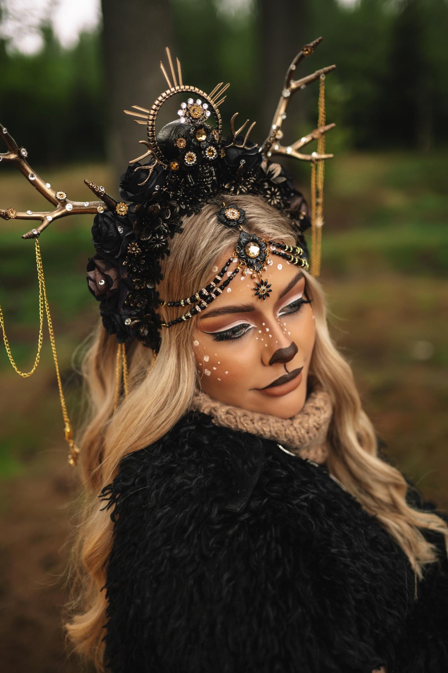 Deer Skull Crown, Dark Forest Headdress, Antler Tiara, Halloween Headpiece, Gothic Goddess Crown, Black Halo, Fantasy Costume,Woodland Queen