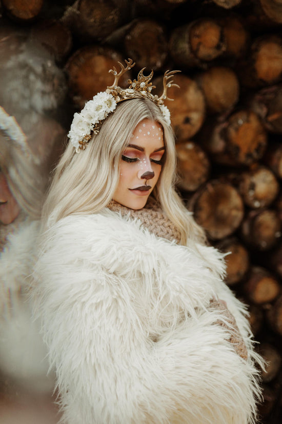 White deer flower crown, Flower crown with antlers, Gold boho crown, Deer costume Halloween, Reindeer crown, Fairy crown, Elf tiara
