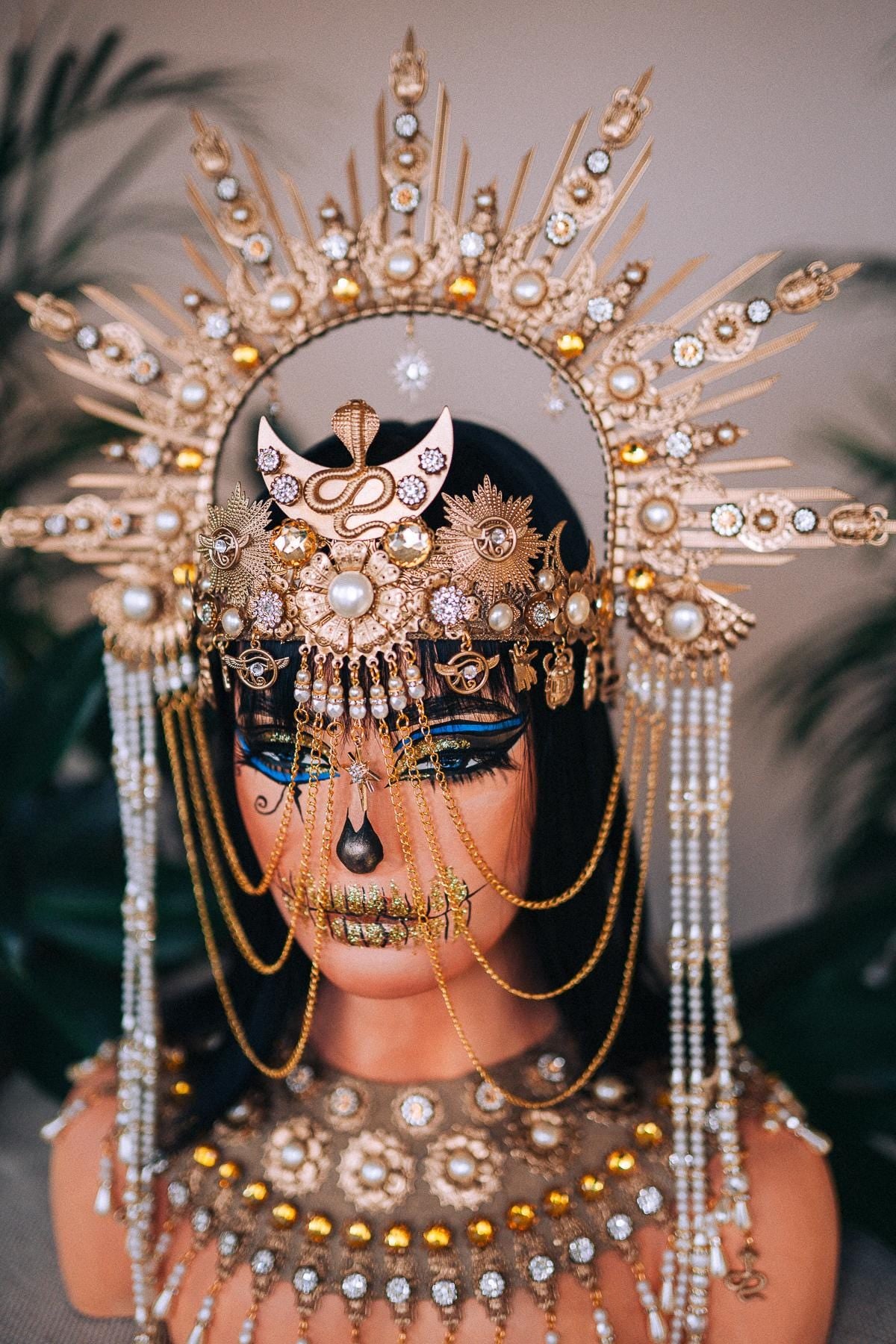 Cleopatra crown, Egyptian headdress, Goddess tiara, Festival headpiece, Carnival crown, Queen of Egypt, Luxurious costume, Halloween crown