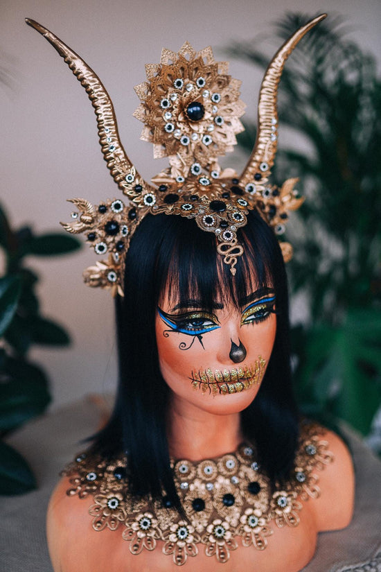 Cleopatra Horned Crown, Halloween Tiara, Egyptian Goddess Headpiece, Gold Crystal Halo Crown, Pearl Statement Tiara, Halloween Costume