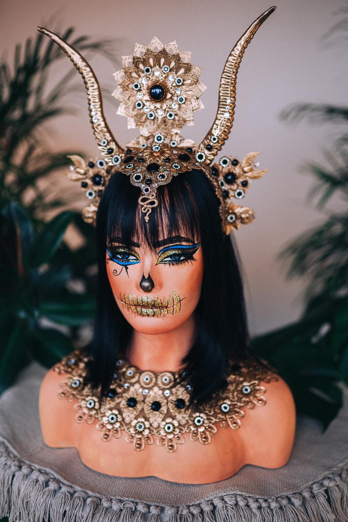 Cleopatra Horned Crown, Halloween Tiara, Egyptian Goddess Headpiece, Gold Crystal Halo Crown, Pearl Statement Tiara, Halloween Costume