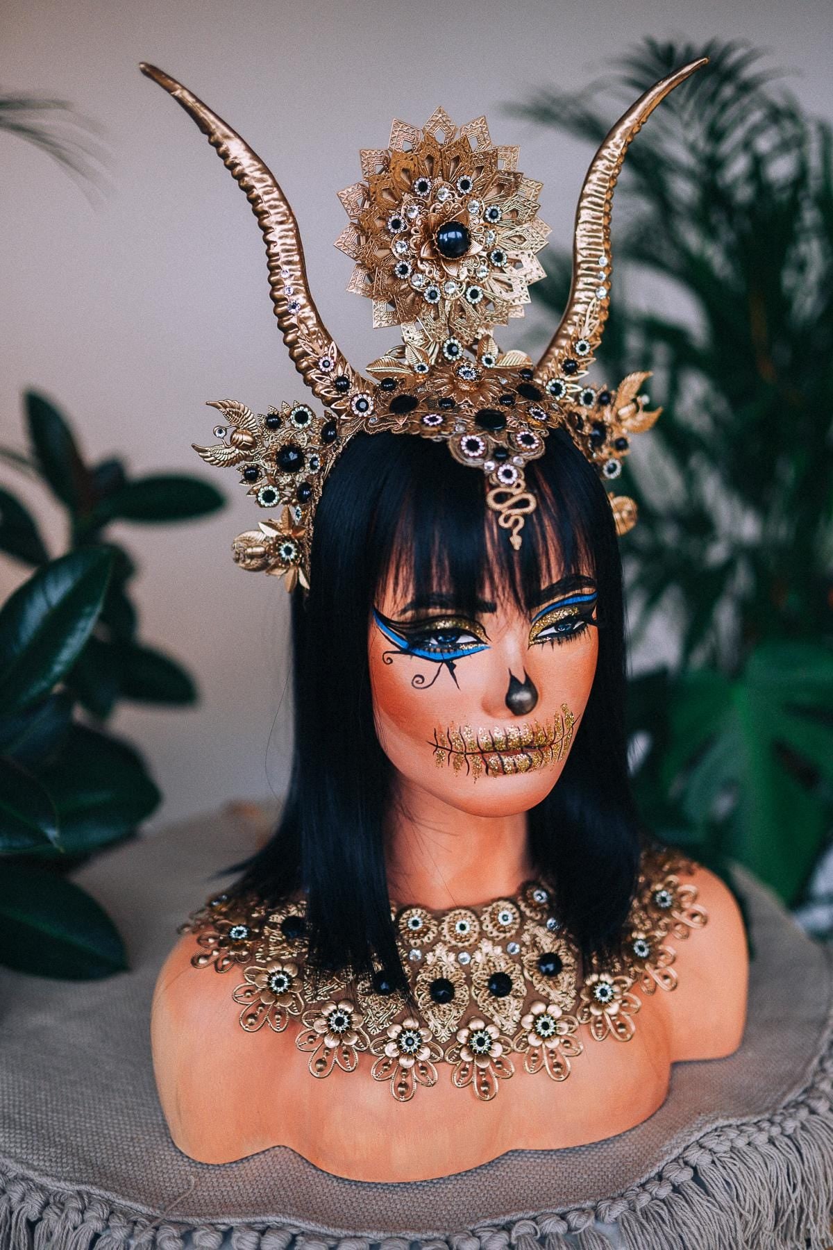 Cleopatra Horned Crown, Halloween Tiara, Egyptian Goddess Headpiece, Gold Crystal Halo Crown, Pearl Statement Tiara, Halloween Costume