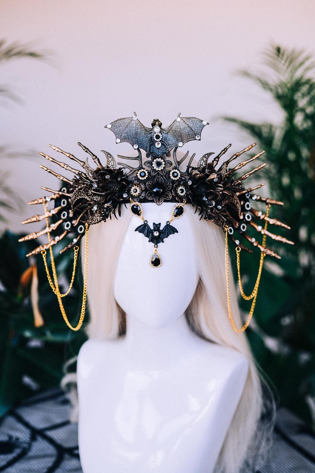 SALE Bat Crown, Halloween Headdress, Vampire Queen Tiara, Gothic Skull Crown, Black Gold Halo, Fantasy Costume Headpiece, Spooky