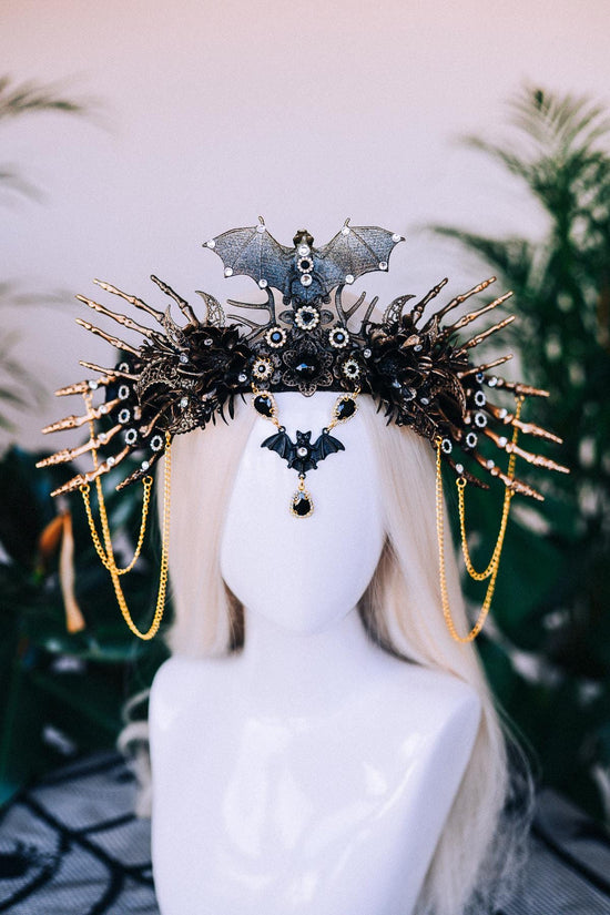 SALE Bat Crown, Halloween Headdress, Vampire Queen Tiara, Gothic Skull Crown, Black Gold Halo, Fantasy Costume Headpiece, Spooky