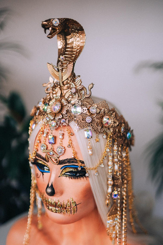 Cleopatra Cobra Crown, Egyptian Queen Crown, Gold Festival Crown, Carnival Crown, Mardi Gras Headpiece, Halloween Cleopatra Costume Crown