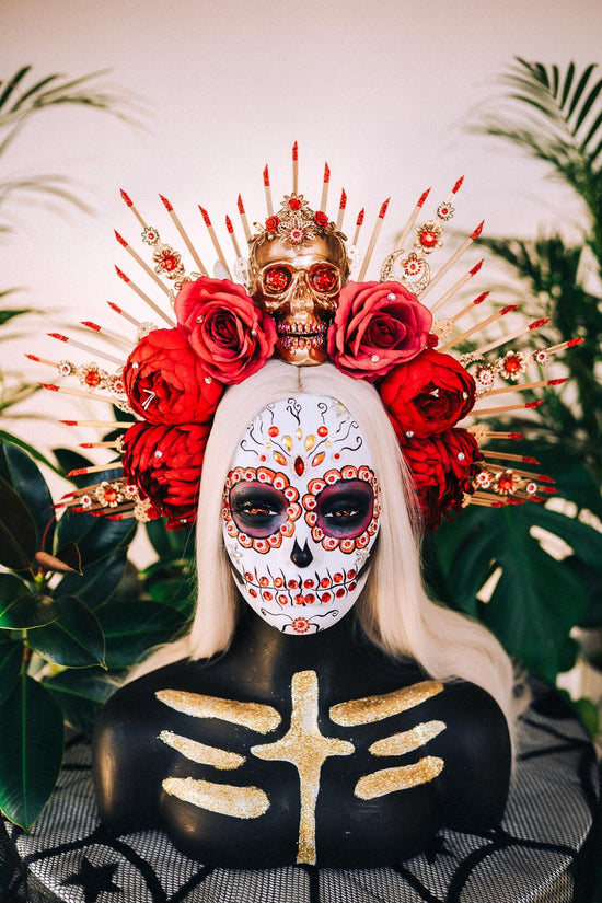 La Catrina Halo, Day of the Dead Crown, Skull Headdress, Red Rose Tiara, Sugar Skull Halo, Gold Headpiece,Halloween Crown,Dia de los Muertos