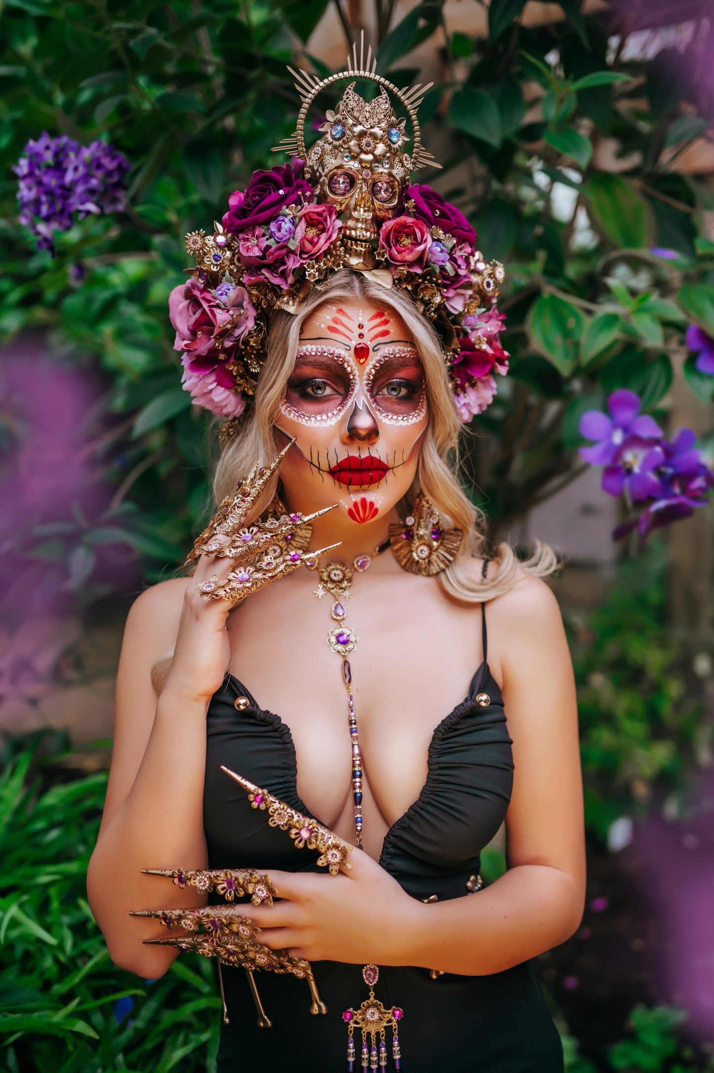 La Catrina Harness Necklace, Gold Body Jewelry, Dia De Los Muertos, Sugar Skull Necklace, Statement Festival Necklace, Mexican Jewelry