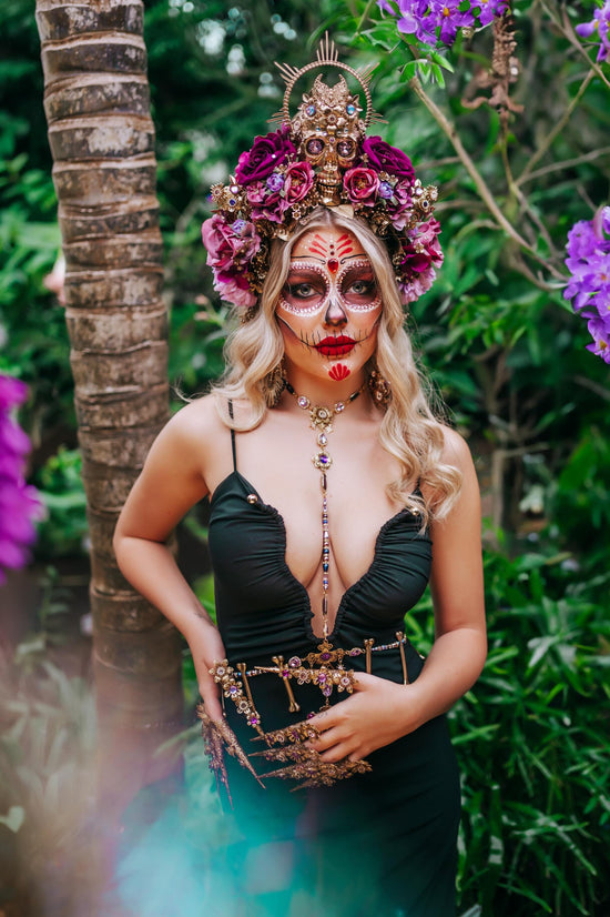 La Catrina Harness Necklace, Gold Body Jewelry, Dia De Los Muertos, Sugar Skull Necklace, Statement Festival Necklace, Mexican Jewelry