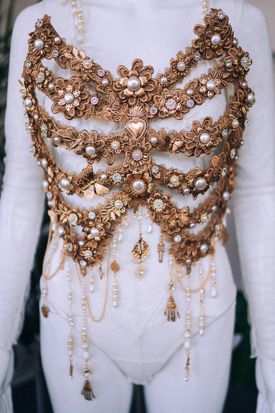 Golden Ribcage Body Jewelry, Dia de los Muertos, Skeleton Harness, Gothic Chest Piece, Pearl Statement, Halloween Costume, Festival Outfit