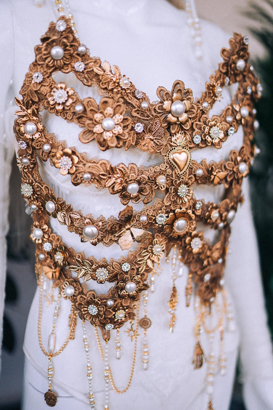 Golden Ribcage Body Jewelry, Dia de los Muertos, Skeleton Harness, Gothic Chest Piece, Pearl Statement, Halloween Costume, Festival Outfit