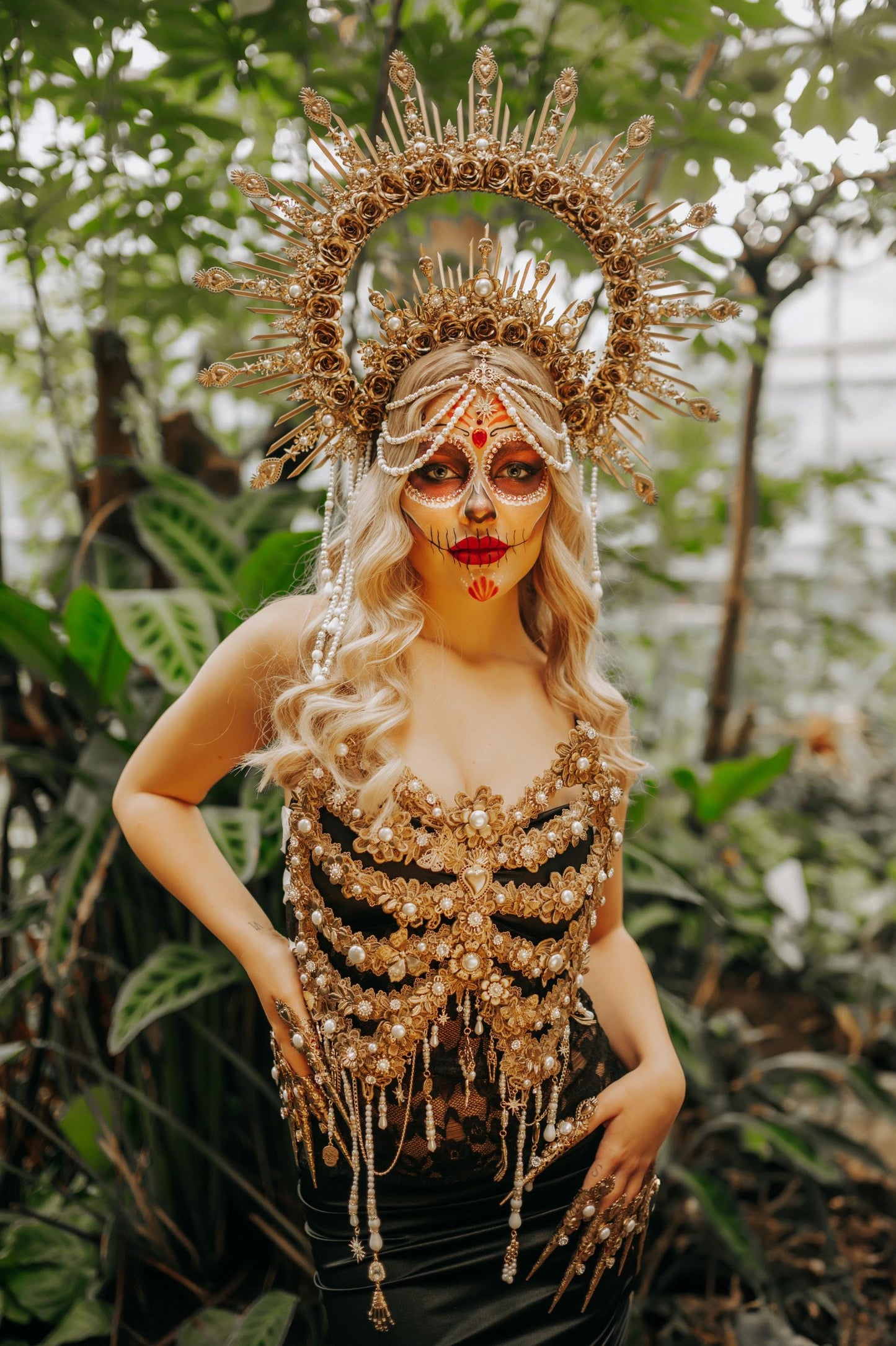 Golden Ribcage Body Jewelry, Pearl Skeleton Harness, Dia de los Muertos Costume - XL US letter Golden Ribcage Body Jewelry, Pearl Skeleton Harness, Dia de los Muertos Costume - XL US letter