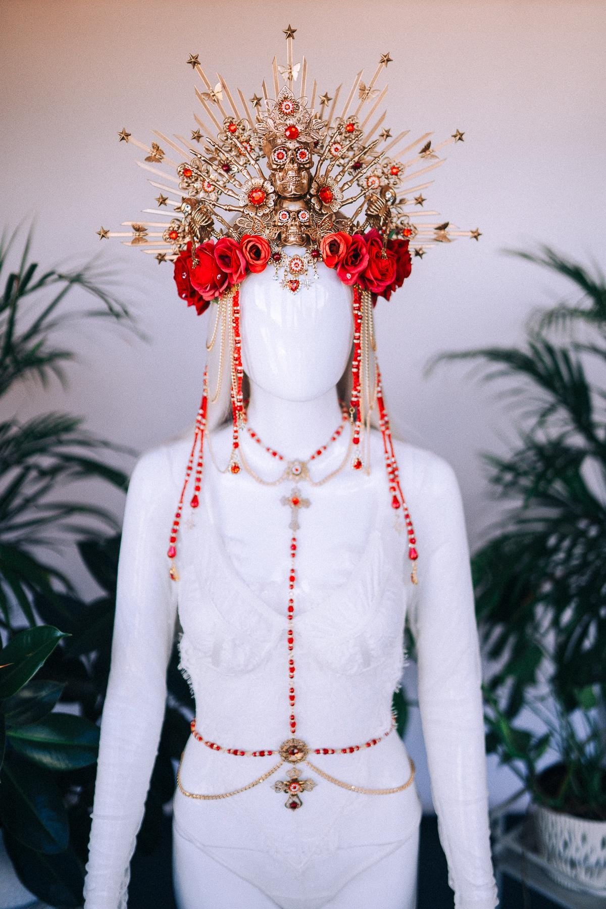 Crimson Devotion Harness Necklace, Gold Body Jewelry, Statement Chest Piece, La Catrina, Dia de los Muertos, Gothic Festival Accessory