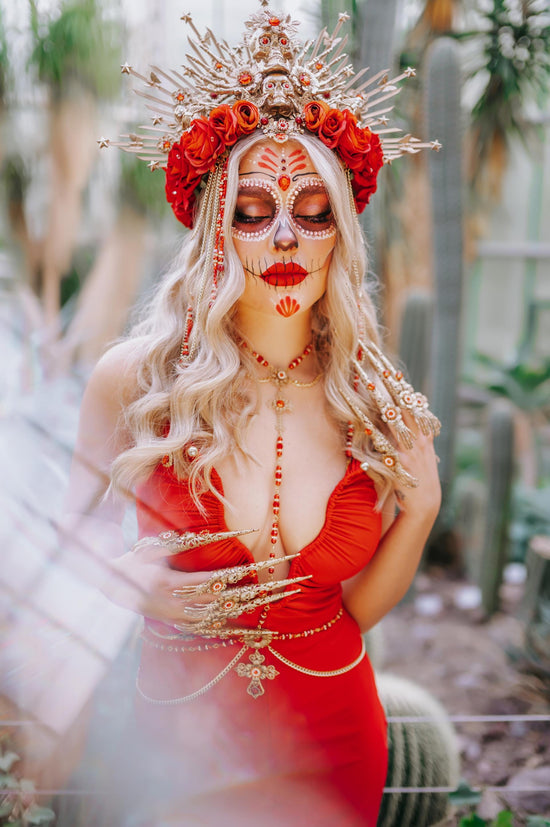Crimson Devotion Body Jewelry, Gold Harness Necklace, La Catrina Accessory