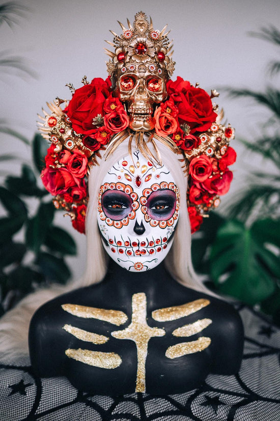 La Catrina Halo Crown, Red Flower Crown, Skull Headpiece, Gothic Headpiece, Mexican Headdress, Handmade Festival Crown,Day of the Dead Tiara