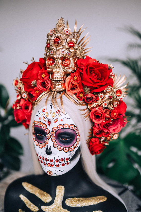 La Catrina Halo Crown, Red Flower Crown, Skull Headpiece, Gothic Headpiece, Mexican Headdress, Handmade Festival Crown,Day of the Dead Tiara