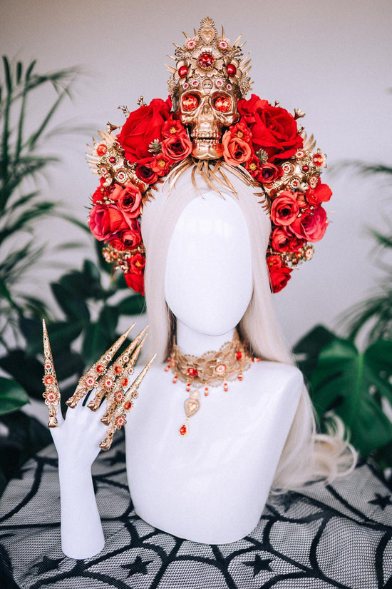 La Catrina Finger Claws, Gold Skull Rings, Red Rose Nail Jewelry, Día de los Muertos, Gothic Nail Armor, Statement Festival Accessories