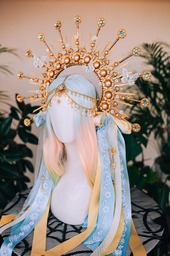 Alice Crown Alice In Wonderland Blue Gold Tiara Fantasy Headpiece Butterfly Halo Crown Carnival Festival Costume Cosplay