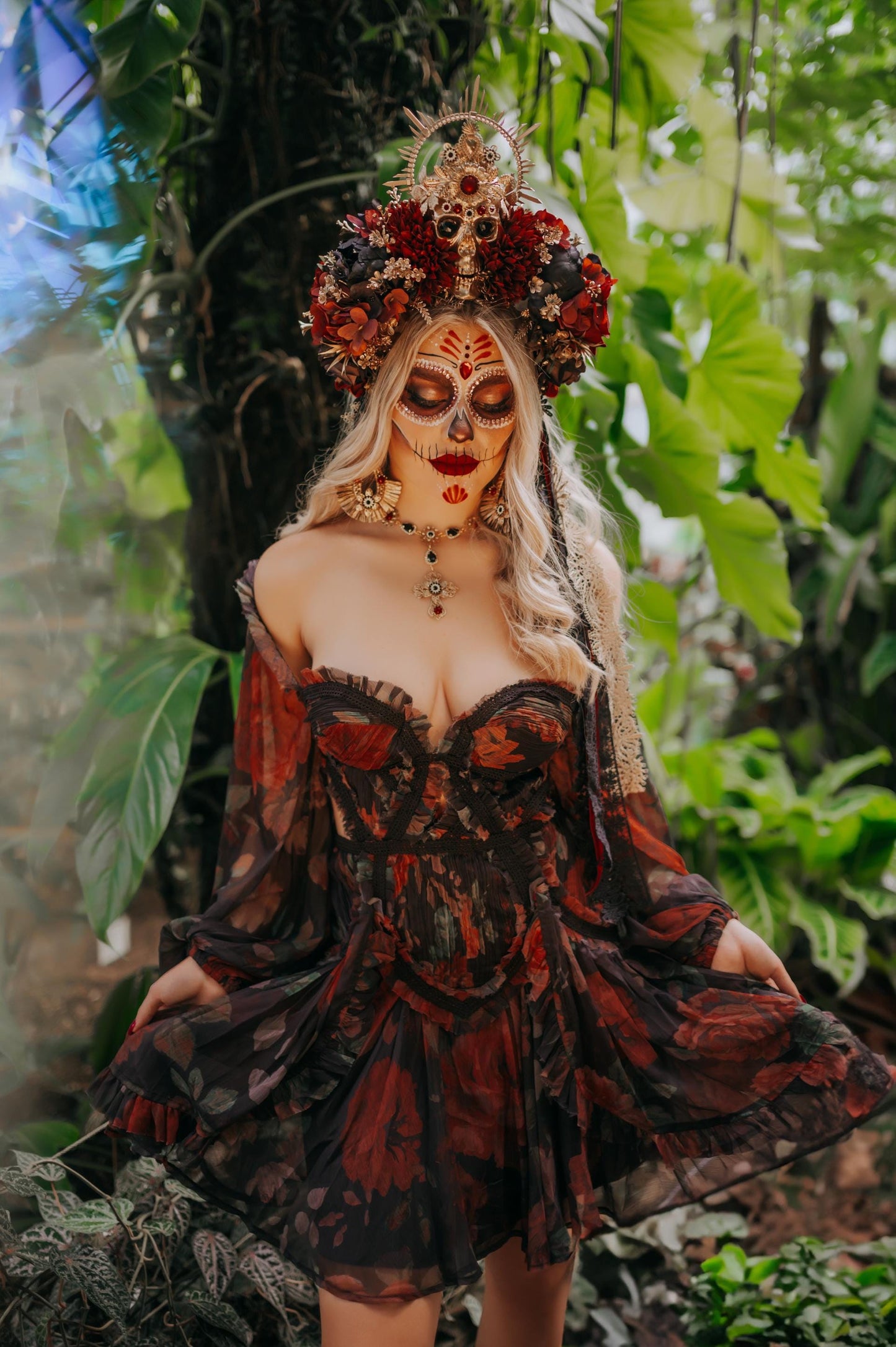 La Catrina Necklace, Day of the Dead, Sugar Skull Jewelry, Dia De Los Muertos, Statement Necklace, Red Gold Necklace, Festival Jewelry