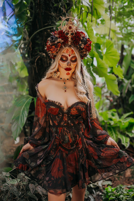 La Catrina Necklace, Day of the Dead, Sugar Skull Jewelry, Dia De Los Muertos, Statement Necklace, Red Gold Necklace, Festival Jewelry