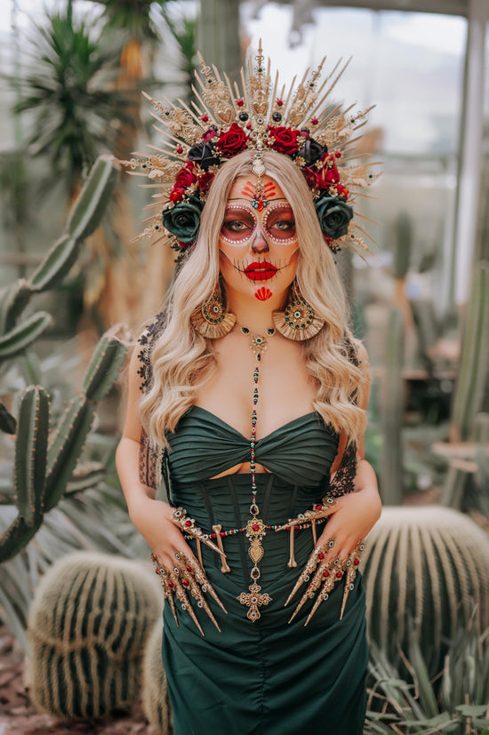 La Catrina Gold Halo Crown, Flower Crown, Red Roses, Emerald Roses, Día De Los Muertos, Sugar Skull Headdress, Festival Headpiece, Mexican