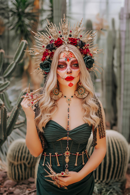 La Catrina Gold Halo Crown, Flower Crown, Red Roses, Emerald Roses, Día De Los Muertos, Sugar Skull Headdress, Festival Headpiece, Mexican