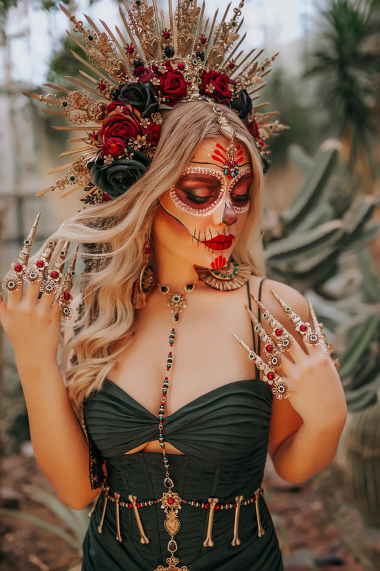 La Catrina Gold Halo Crown, Flower Crown, Red Roses, Emerald Roses, Día De Los Muertos, Sugar Skull Headdress, Festival Headpiece, Mexican