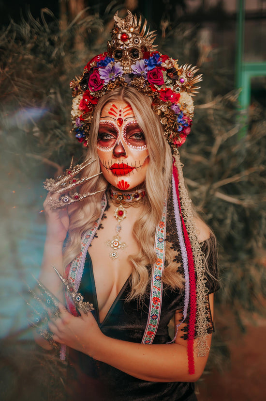 Vibrant La Catrina Flower Crown, Gold Skull Headdress, Colorful Rose Halo, Day of the Dead Headpiece, Handmade Floral Festival Crown