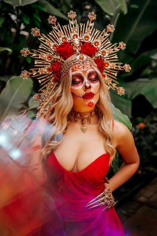 La Catrina Choker Necklace, Gold Filigree, Red Rose Skull Jewelry, Día de Muertos, Gothic Statement Necklace, Handmade Festival Accessory