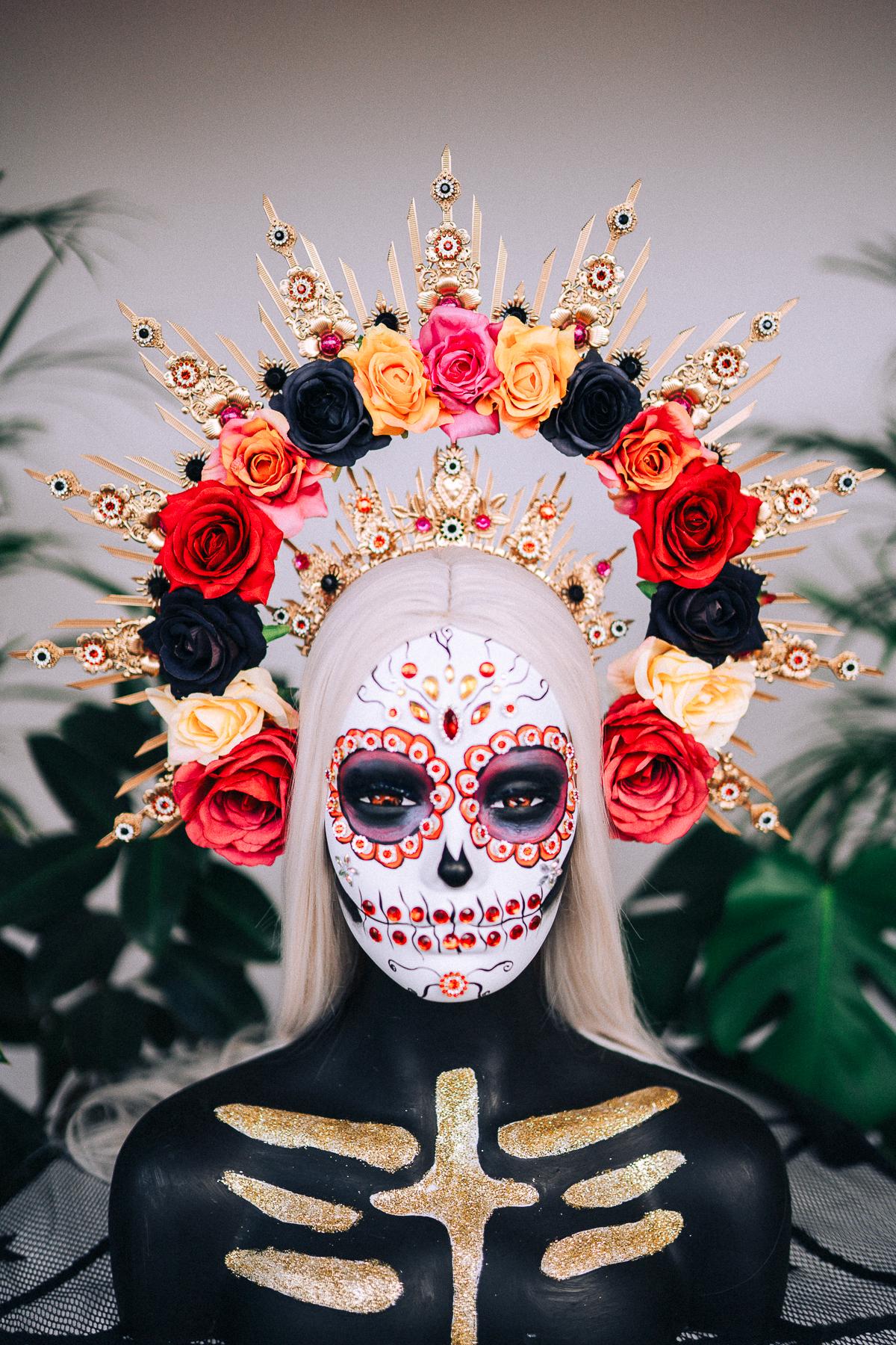 La Catrina Halo Crown, Flower Crown, Gold Headpiece, Red Roses, Black Roses, Marigold, Dia De Los Muertos, Sugar Skull, Mexican Crown