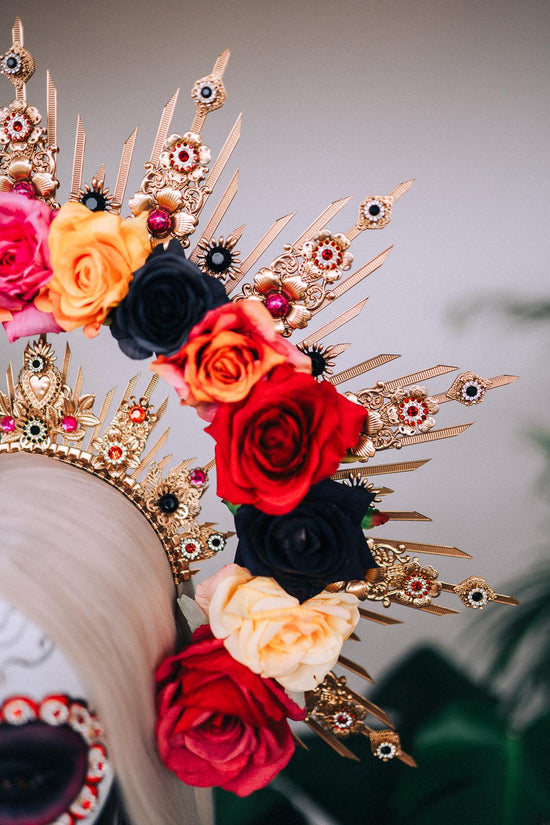 La Catrina Halo Crown, Flower Crown, Gold Headpiece, Red Roses, Black Roses, Marigold, Dia De Los Muertos, Sugar Skull, Mexican Crown