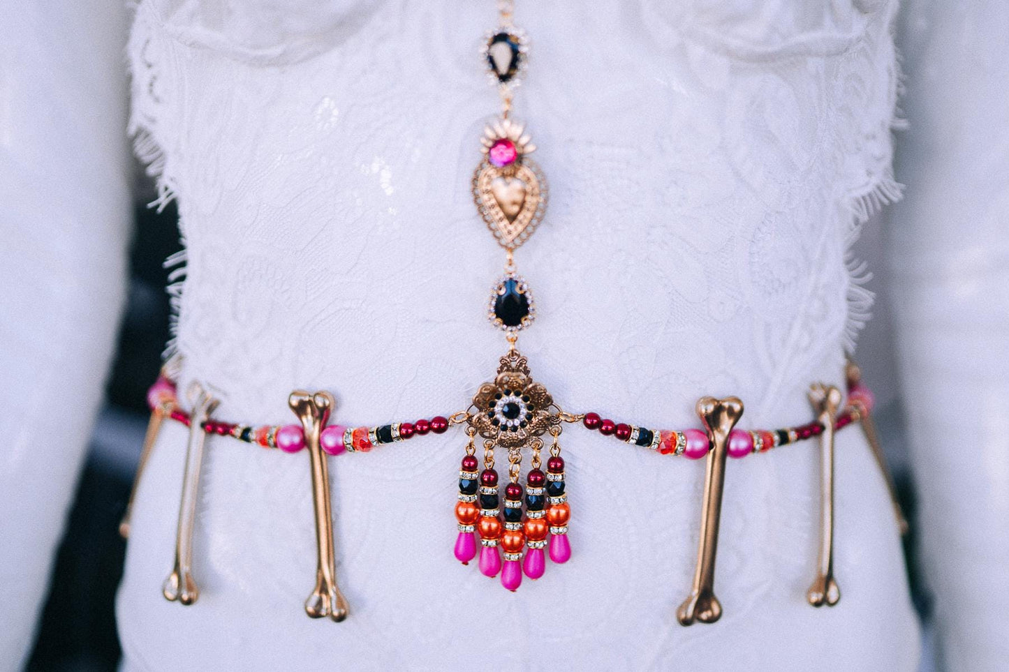 La Catrina Harness Necklace, Gold Body Chain, Red Black Beaded Jewelry, Cross Pendant, Statement Festival Jewelry, Elegant Gothic Style