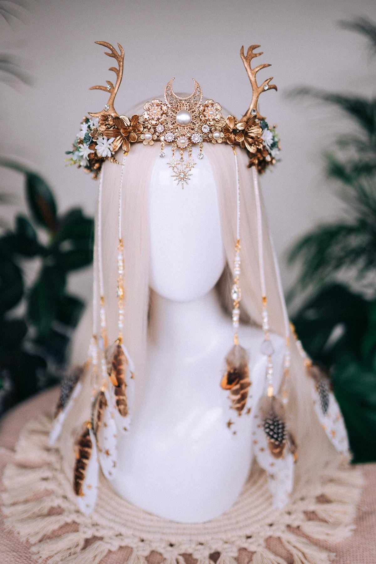 Deer flower crown with feathers, Flower crown with antlers, Gold boho crown, Deer costume Halloween, Reindeer crown, Fairy crown, Elf tiara