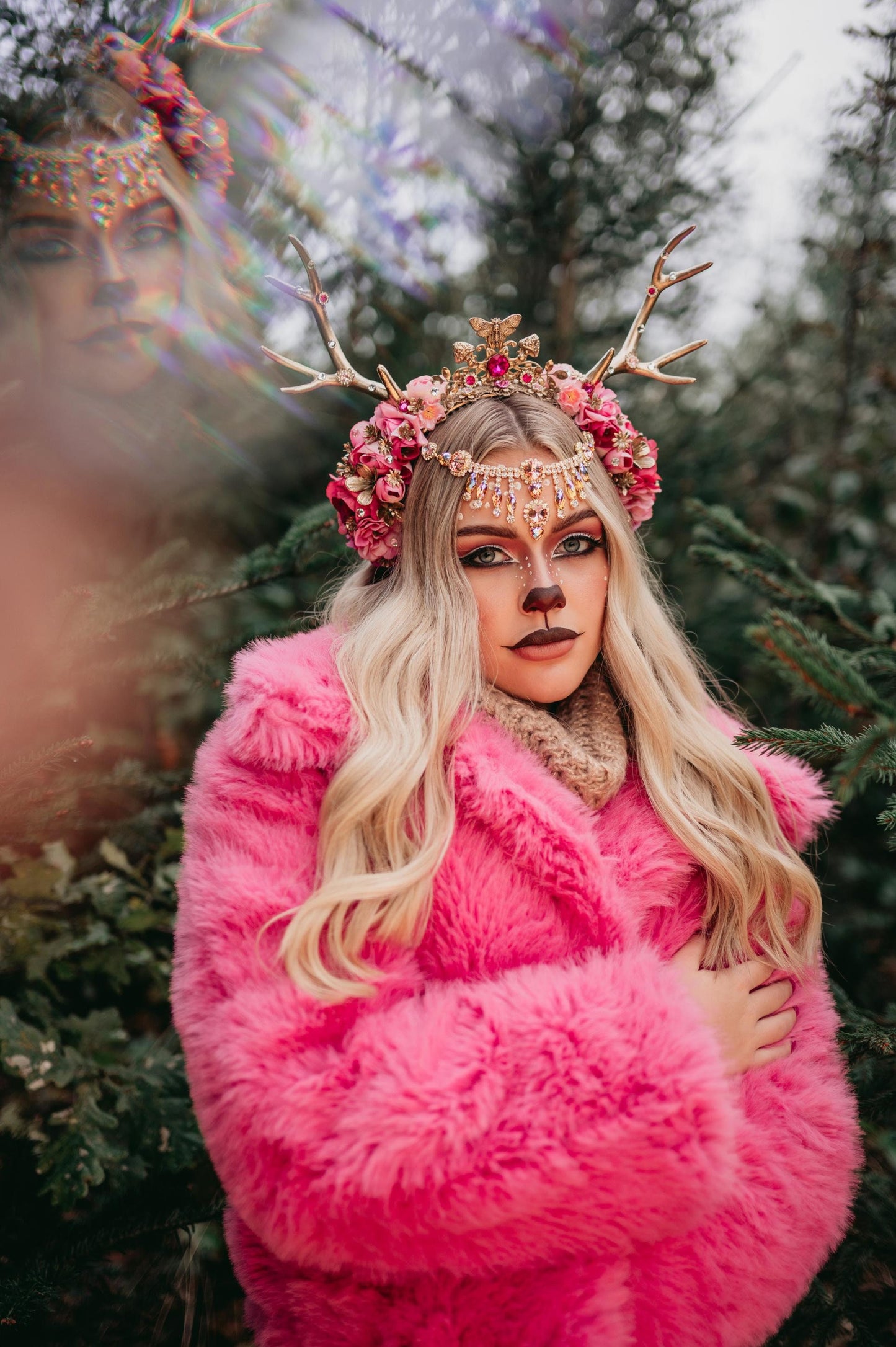 Cute pink flower crown with gold deer antlers