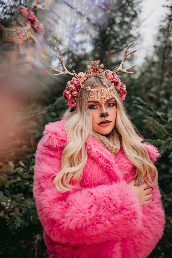 Cute pink flower crown with gold deer antlers