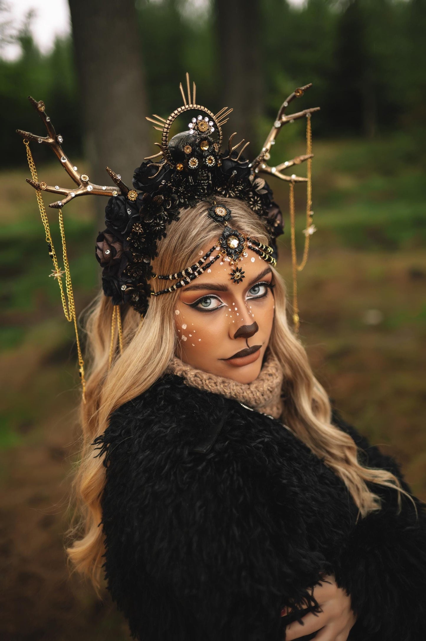 Black flower crown with gold deer antlers