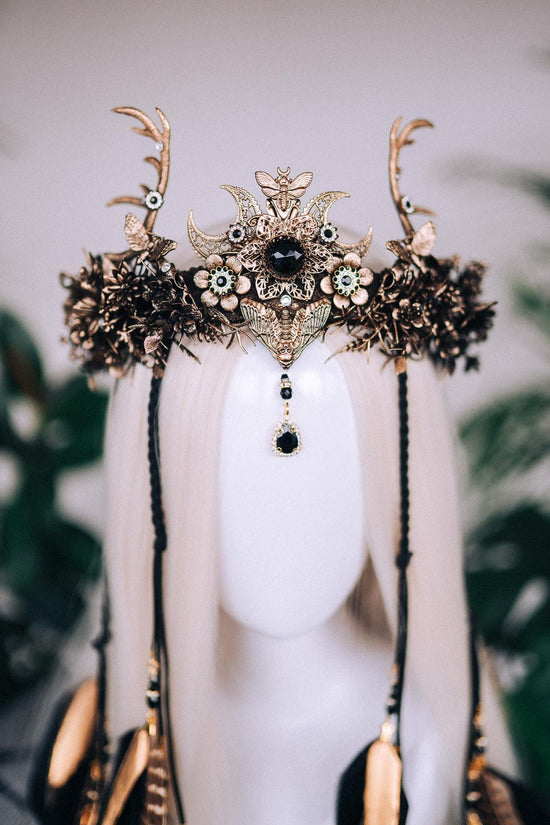 Deer Witch Crown,Dark Elf Headdress,Halloween Antler Tiara,Boho Costume Headpiece,Gothic Forest Tiara,Fantasy Feather Crown