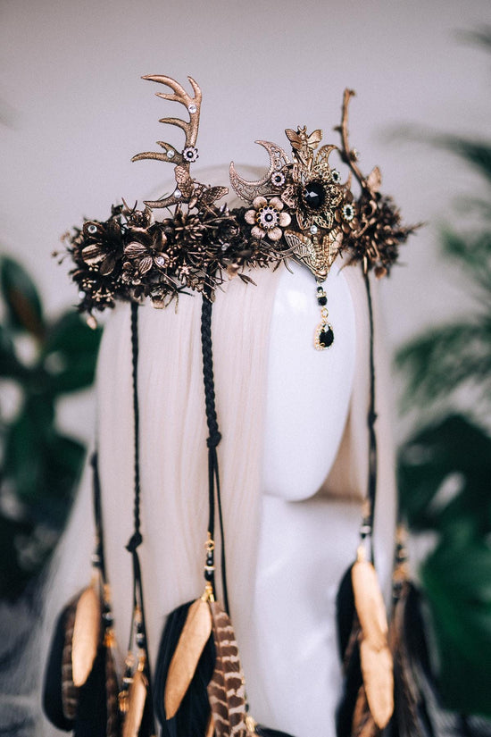 Deer Witch Crown,Dark Elf Headdress,Halloween Antler Tiara,Boho Costume Headpiece,Gothic Forest Tiara,Fantasy Feather Crown