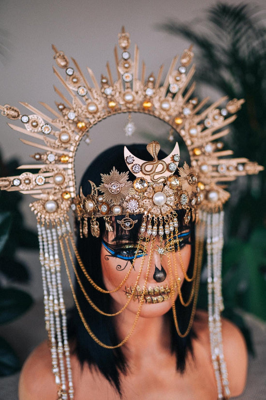 Cleopatra crown, Egyptian headdress, Goddess tiara, Festival headpiece, Carnival crown, Queen of Egypt, Luxurious costume, Halloween crown