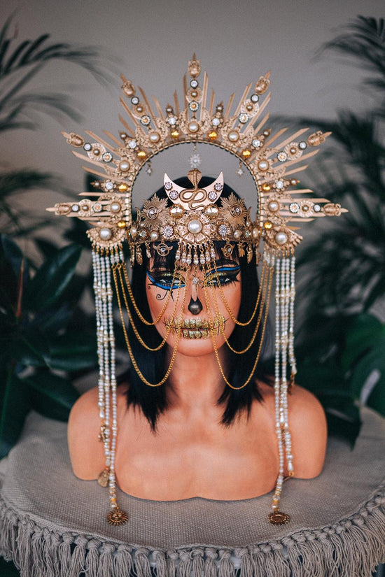 Cleopatra crown, Egyptian headdress, Goddess tiara, Festival headpiece, Carnival crown, Queen of Egypt, Luxurious costume, Halloween crown