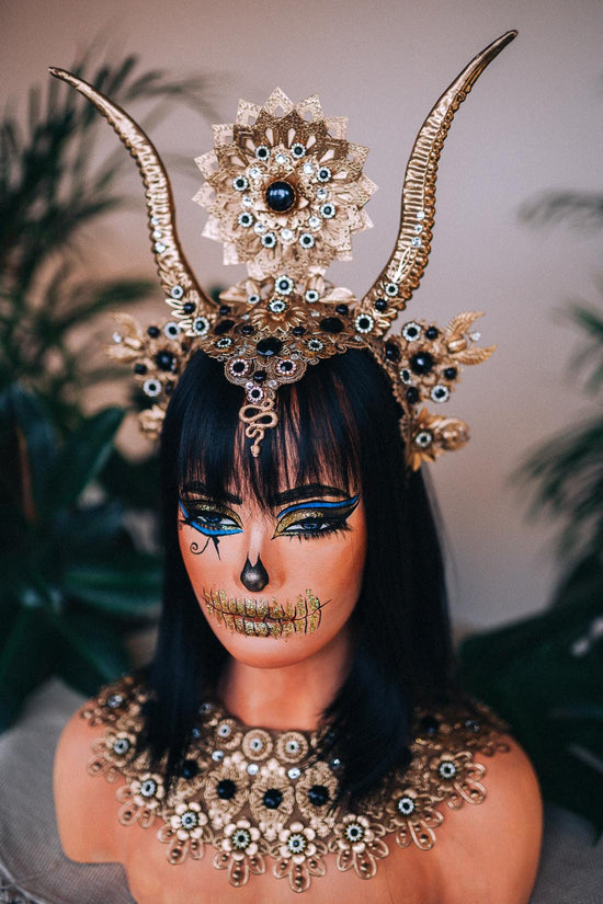 Cleopatra Horned Crown, Halloween Tiara, Egyptian Goddess Headpiece, Gold Crystal Halo Crown, Pearl Statement Tiara, Halloween Costume
