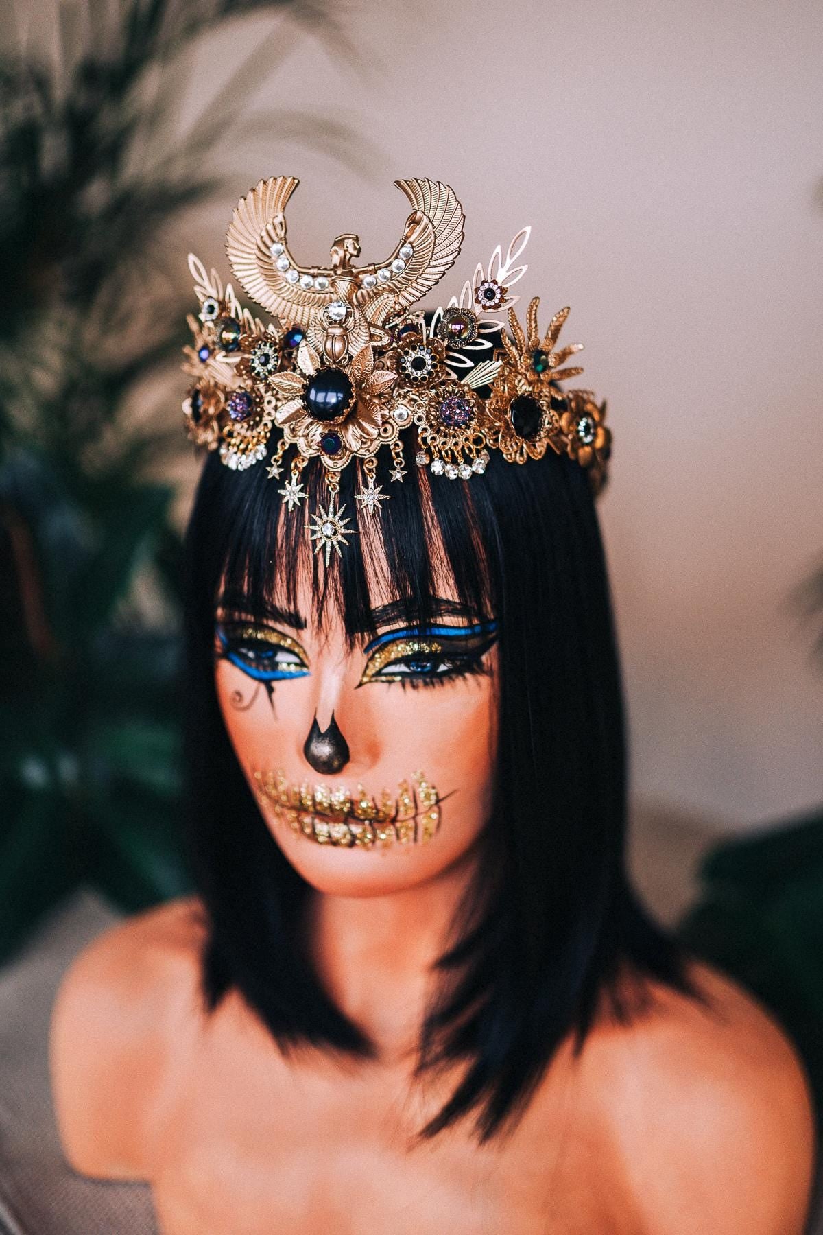 Cleopatra Tiara, Egyptian Crown, Festival Headpiece, Gold Statement Crown, Halloween Tiara, Mardi Gras Costume, Luxurious Headpiece