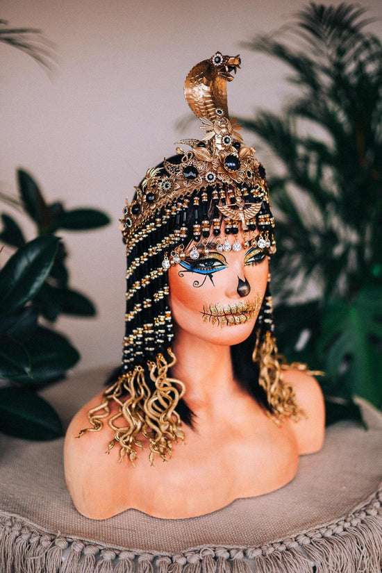 Gold Cleopatra crown, Black Cleopatra wig made of glass pearl beads