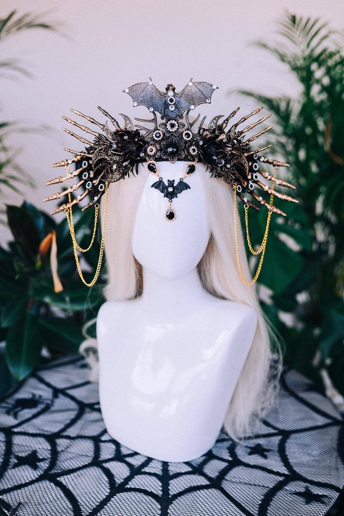 SALE Bat Crown, Halloween Headdress, Vampire Queen Tiara, Gothic Skull Crown, Black Gold Halo, Fantasy Costume Headpiece, Spooky