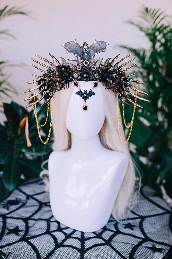 SALE Bat Crown, Halloween Headdress, Vampire Queen Tiara, Gothic Skull Crown, Black Gold Halo, Fantasy Costume Headpiece, Spooky