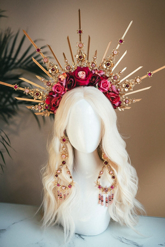 Regal Rose Halo Crown, Floral Wedding Headpiece, Gold Bridal Tiara, Celestial Goddess Crown, Festival Headdress, Maternity Photoshoot
