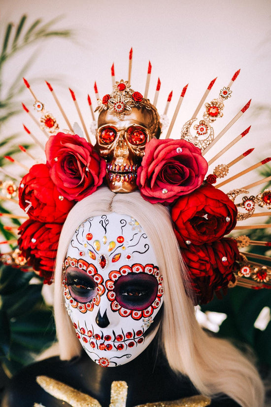 La Catrina Halo, Day of the Dead Crown, Skull Headdress, Red Rose Tiara, Sugar Skull Halo, Gold Headpiece,Halloween Crown,Dia de los Muertos